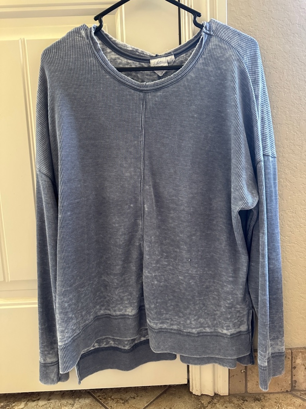 White Crow Faded Light Blue Waffle-Knit Crewneck Sweater